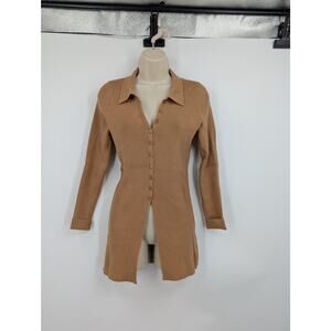 Maeve by Anthropologie Ribbed Stretchy Collared Camel Color Cardigan Sweater Med